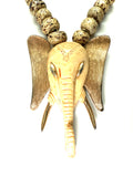 Adjustable 18–19” 1970s Razza Elephant Head Necklace – 5” Pendant with Handmade Ceramic Beads & Kukui Seeds