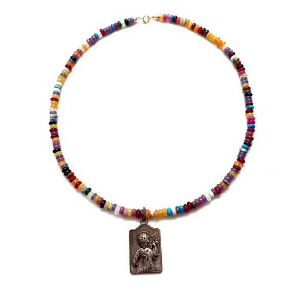 Antique Sterling Silver Jesus Pendant Necklace with Agate Beads