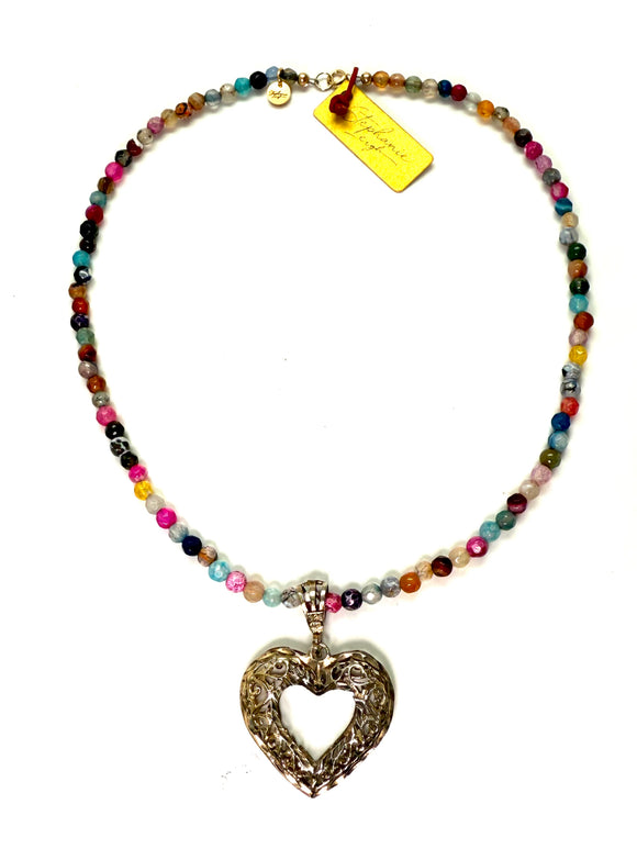 Antique Sterling Silver Filigree Heart Pendant Necklace – 15” with Gold-Filled Clasp