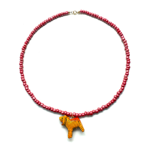 Vintage Hand-Carved Tiger Seed Bead Necklace