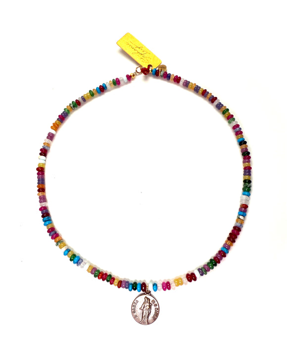 Antique Madonna del Niolo Devotional Medal Necklace with Mixed Gemstones