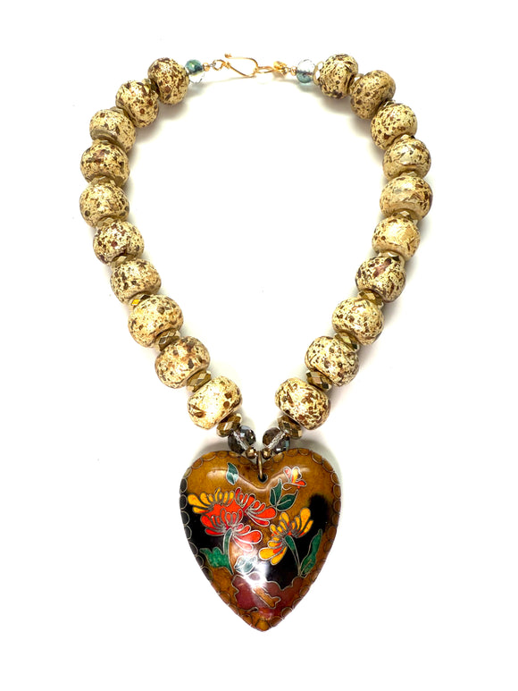 18” Antique Cloisonné Heart Necklace – Ceramic Beads, Faceted Hematite, Gold Vermeil over Sterling Clasp