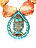 18” Antique Owl Statement Necklace – Turquoise Accents with Chunky Orange Jasper Beads