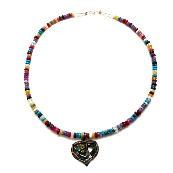 Antique Sterling Silver Heart Pendant Necklace with Agate Beads