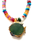 Antique Jade & Ruby-Eyed Fish Pendant Necklace on Mixed Gemstones