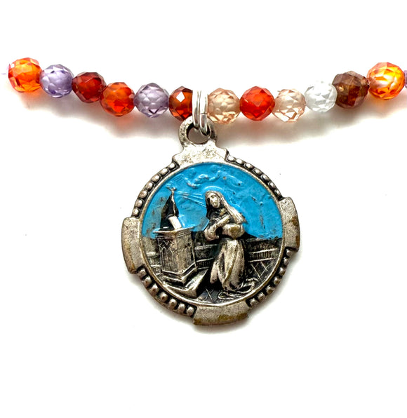 1930s Antique Lourdes Enamel Medal Necklace with Swarovski Crystals