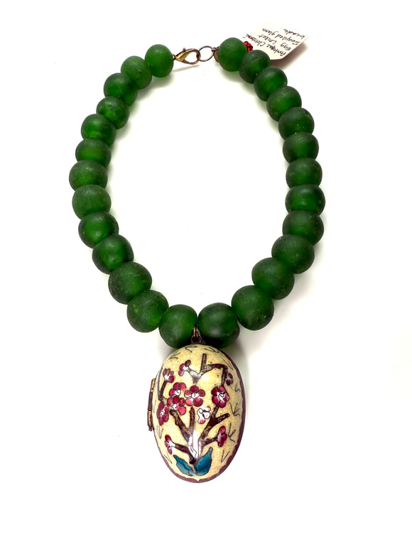 18” Recycled African Glass Necklace with Antique Cloisonné Enameled Egg Pendant