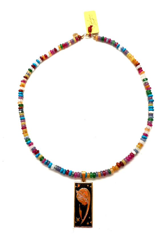 1930s Art Deco Floral & Star Pendant Necklace on Mixed Gemstones