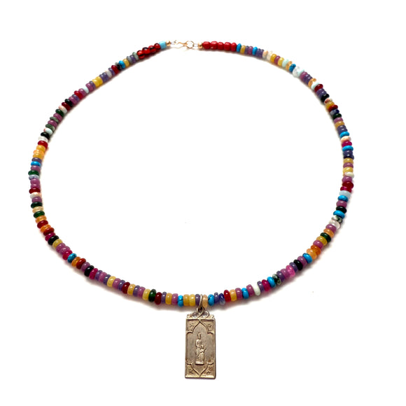Antique Sterling Silver Our Lady Pendant Necklace with Agate Beads