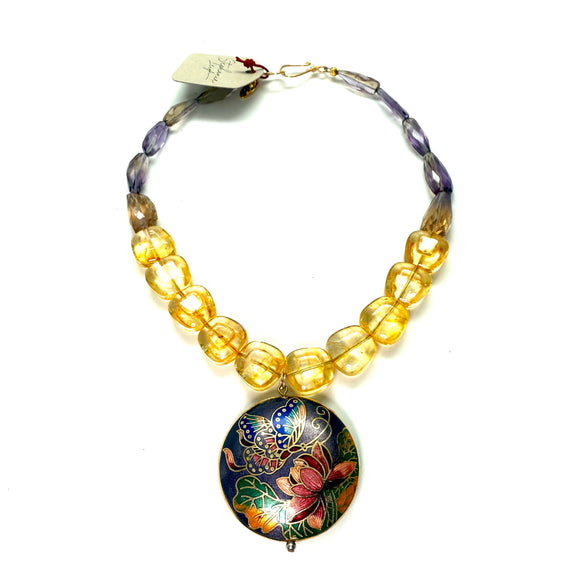 85ct Ametrine & Citrine Necklace with 1970s Antique Cloisonné Butterfly Pendant