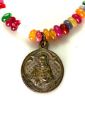 1930s Sacred Heart Devotional French Medal Necklace with Mixed Gemstones